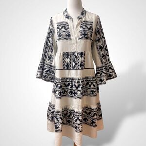 MSK Linen Blend Tunic Dress Women Size L Black White Tiered Boho Geometric Aztec